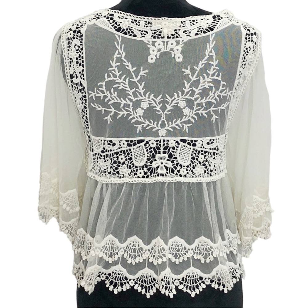 Sheer Romantic Lace Embroidered Gypsy Bride Mesh Bell Sleeve Blouse Top Small - Picture 6 of 12